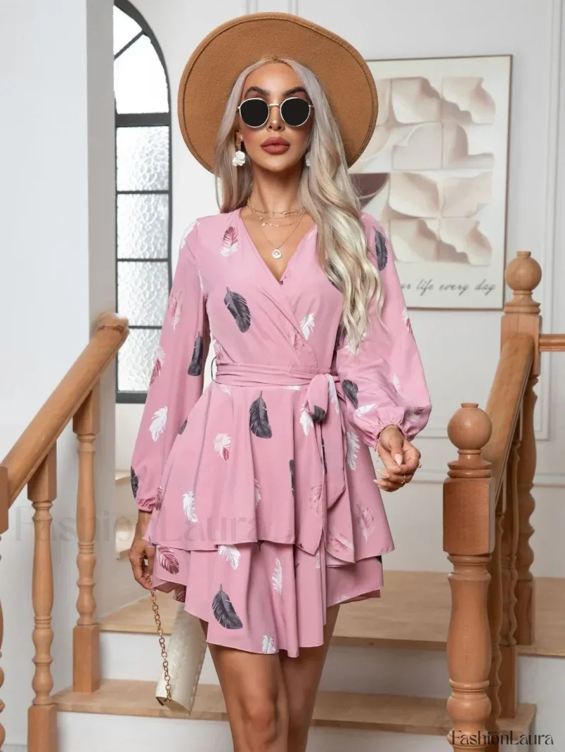 Skinny Feather Printed V-neck for Women New 2024 Mini Dress