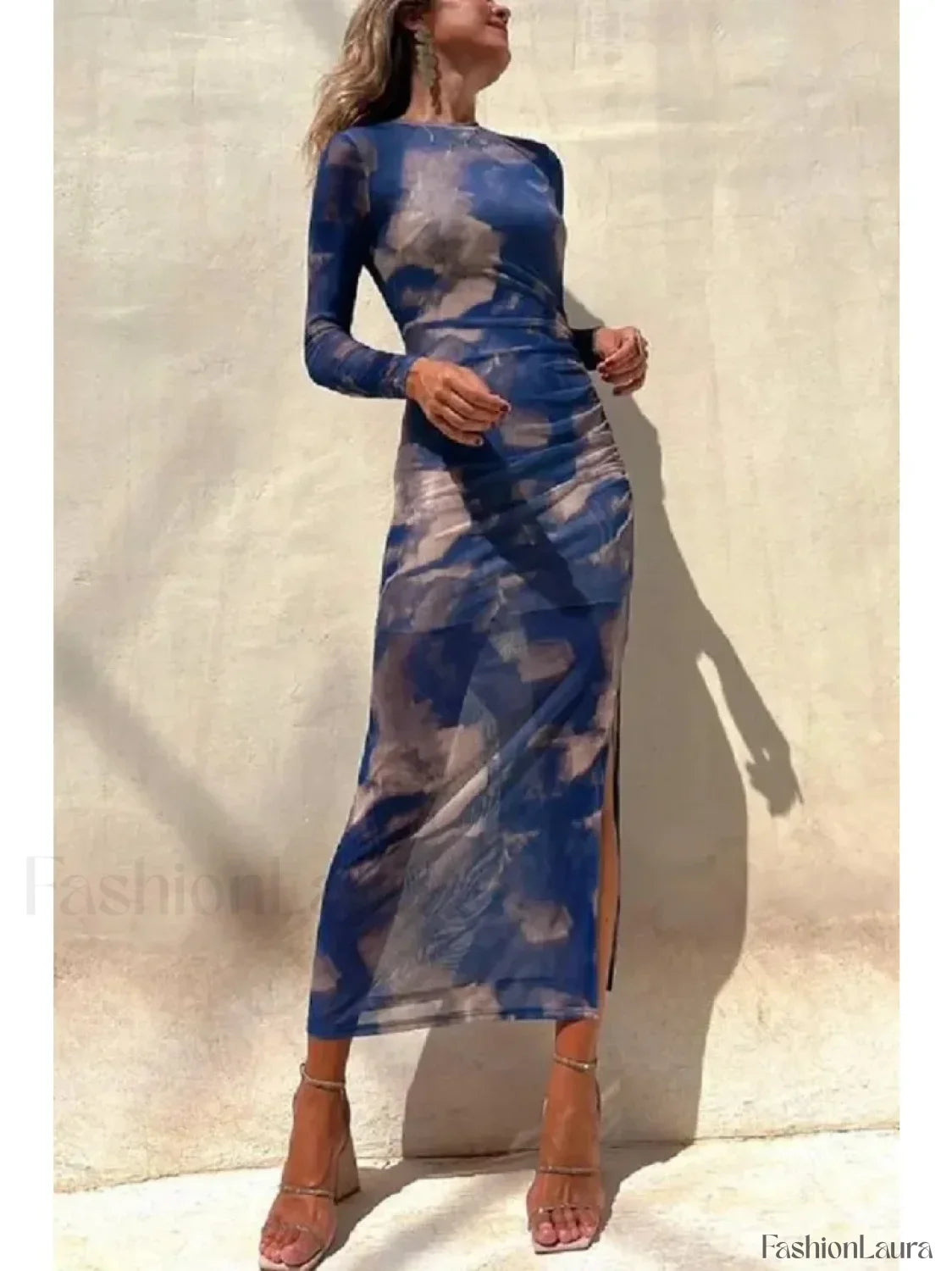 Skinny Mesh Long Sleeve Split Spring/Summer Print Slim Fit Elastic Maxi Dress