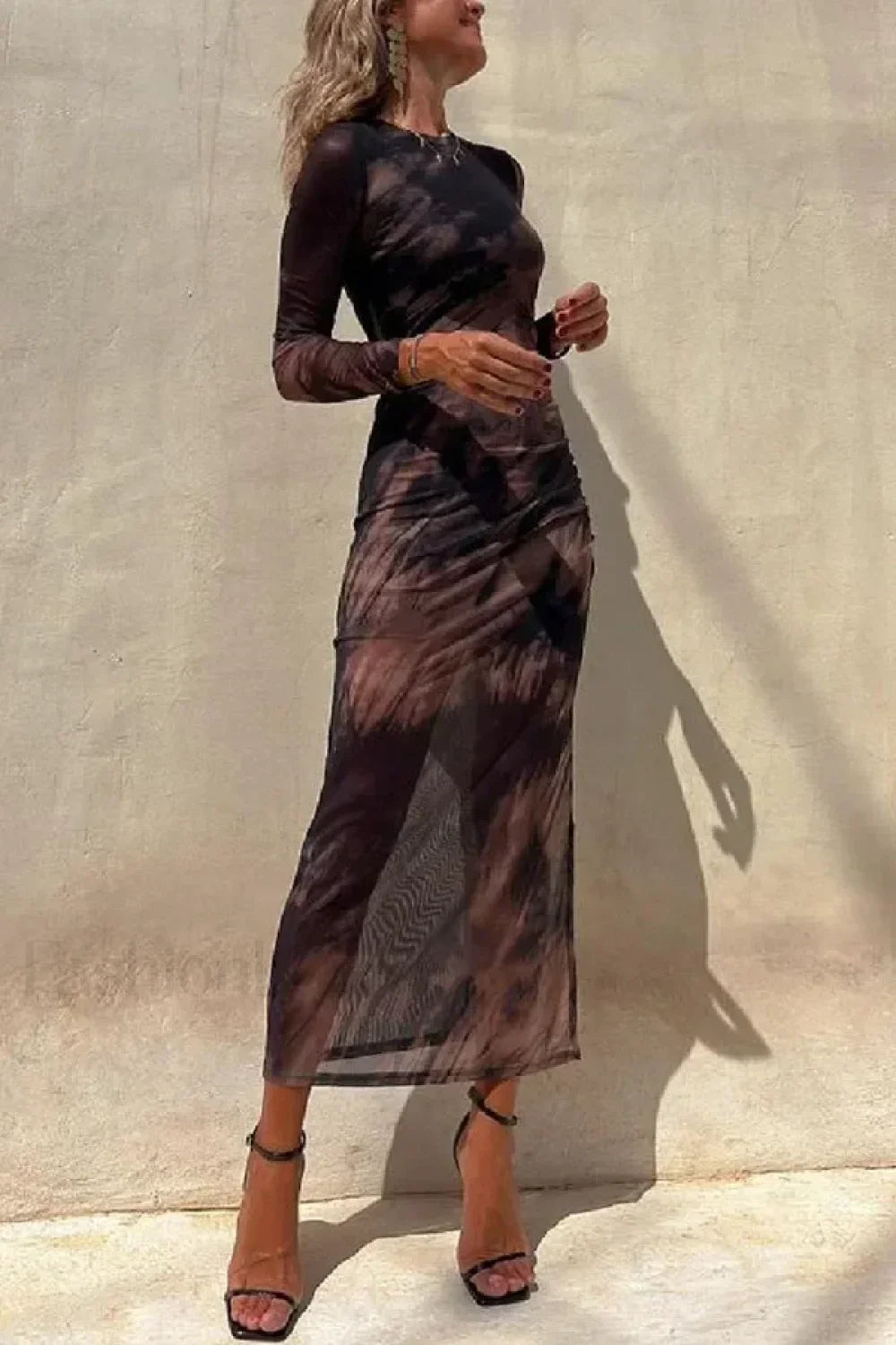 Skinny Mesh Long Sleeve Split Spring/Summer Print Slim Fit Elastic Maxi Dress Black / S