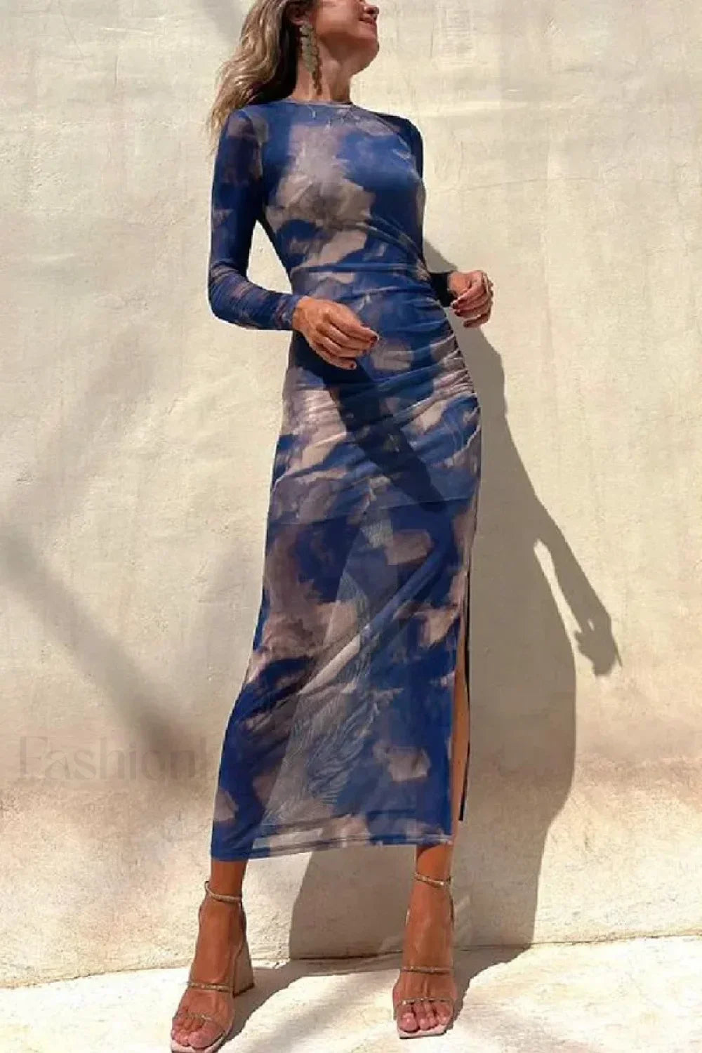 Skinny Mesh Long Sleeve Split Spring/Summer Print Slim Fit Elastic Maxi Dress Blue / S