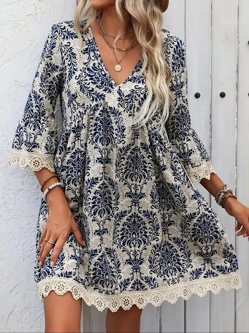 Boho Print Deep V-Neck Lace Trim Mini Dress 16