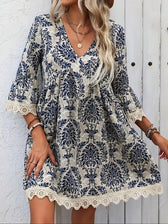 Boho Print Deep V-Neck Lace Trim Mini Dress 16