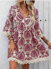 Boho Print Deep V-Neck Lace Trim Mini Dress 5