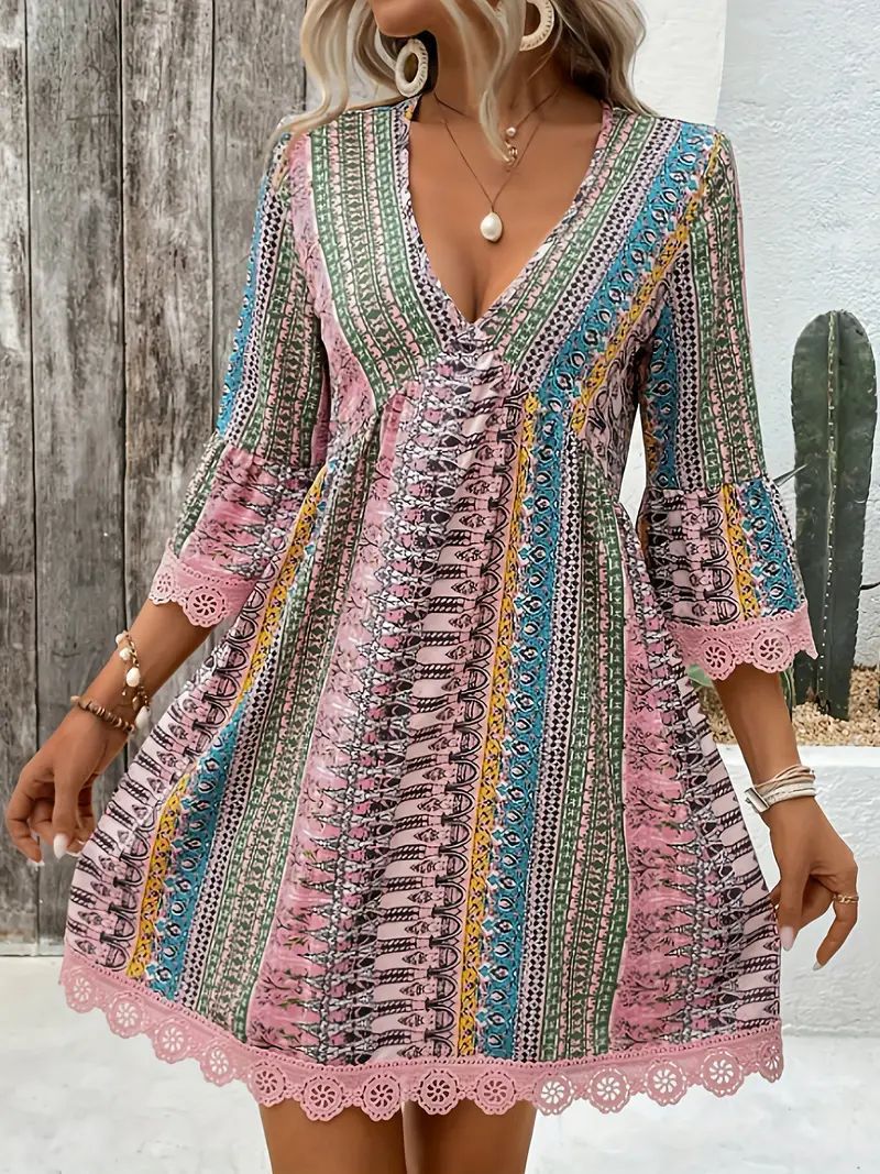 Boho Print Deep V-Neck Lace Trim Mini Dress