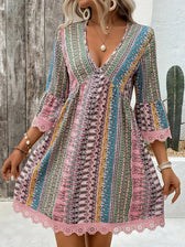 Boho Print Deep V-Neck Lace Trim Mini Dress