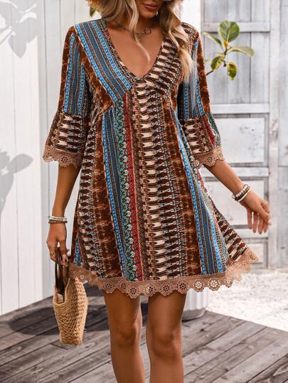 Boho Print Deep V-Neck Lace Trim Mini Dress 3