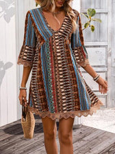 Boho Print Deep V-Neck Lace Trim Mini Dress 3