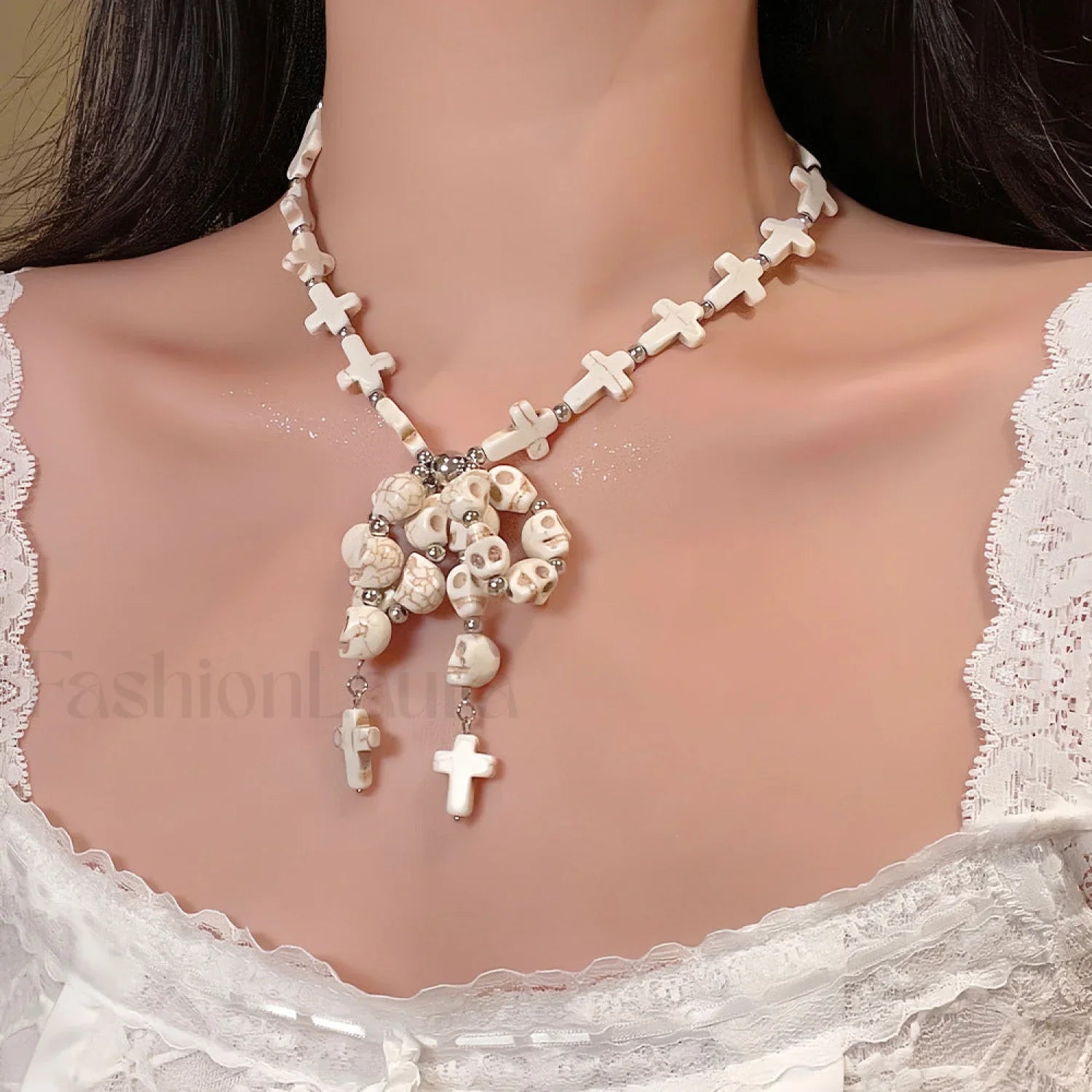 Skull Bow Beaded Cross Star Pendant Necklace