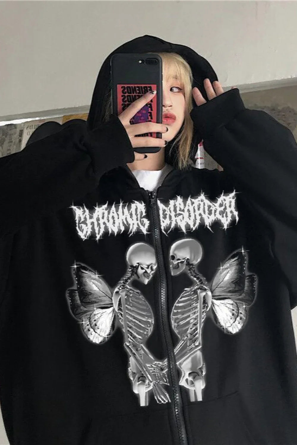Skull Butterfly Rhinestone Zip Hoodie