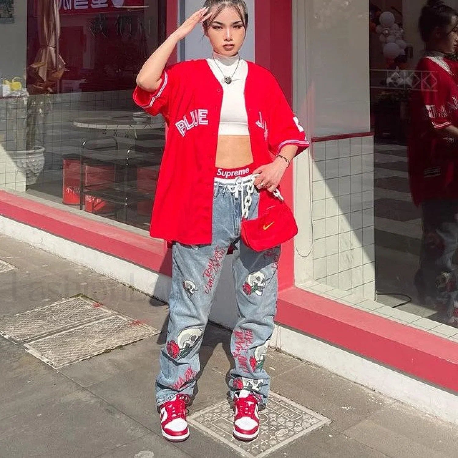 Skull Flowers Graceful Print Boyfriend Jeans