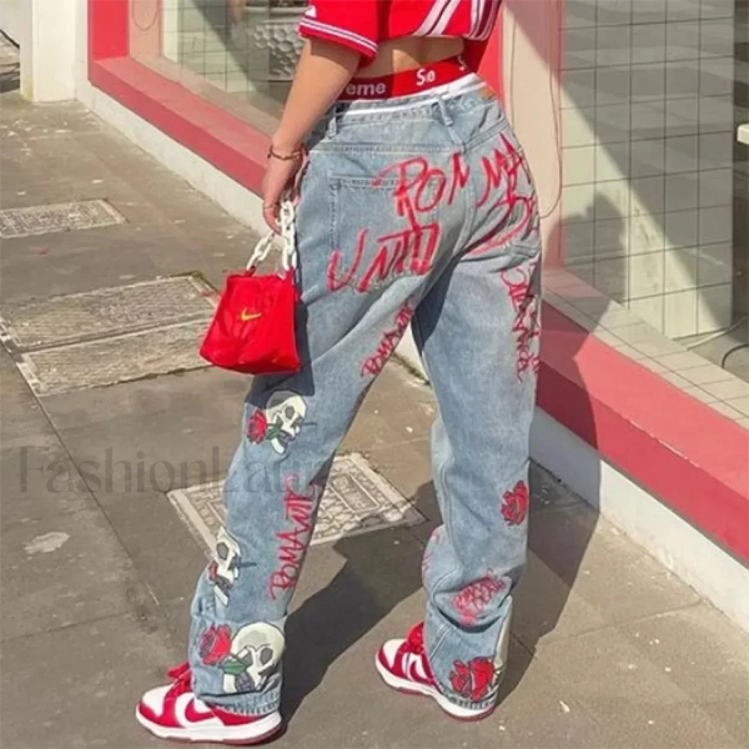 Skull Flowers Graceful Print Boyfriend Jeans