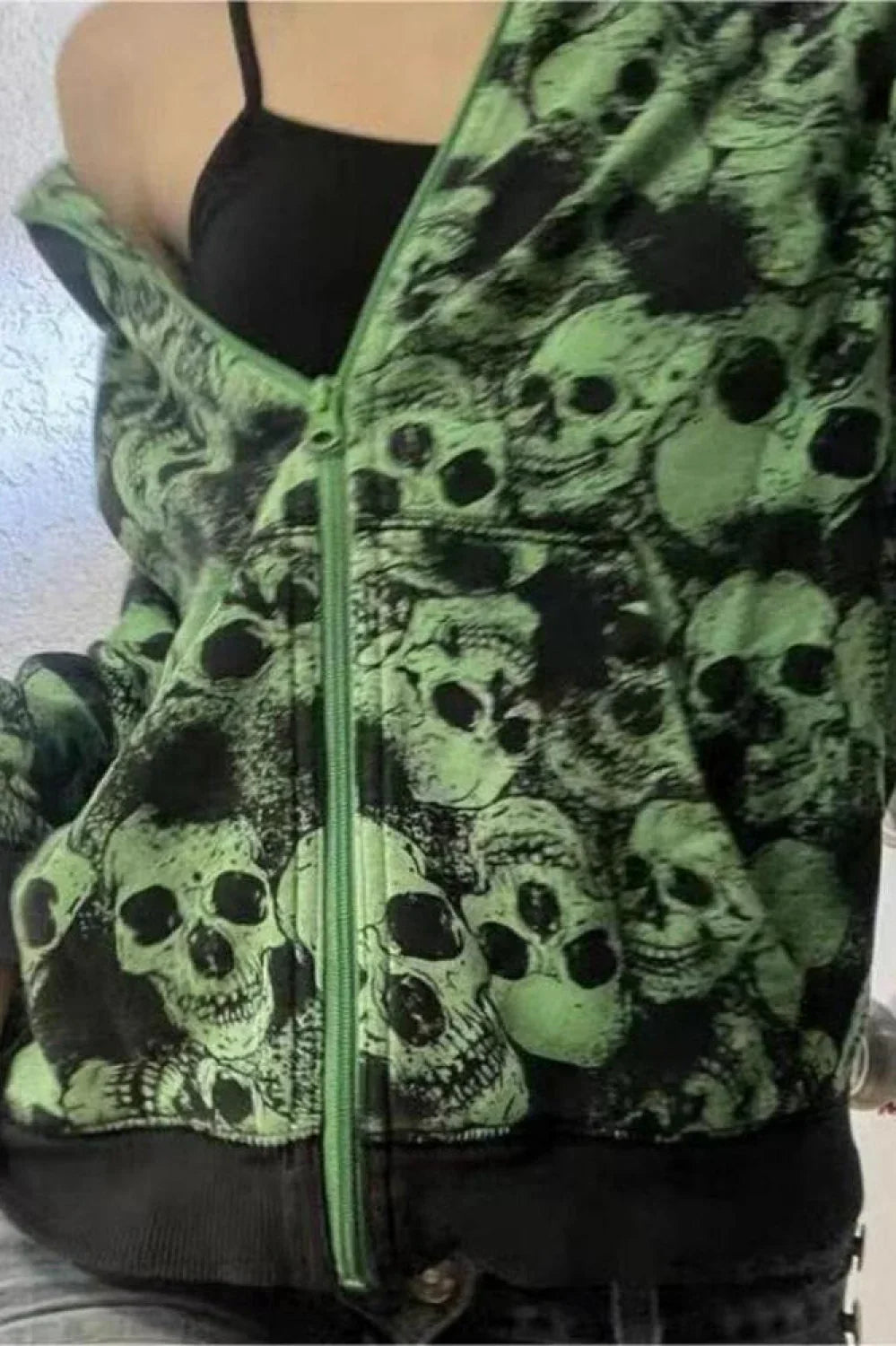 Skull Graphic Zip-Up Hoodie Green / S