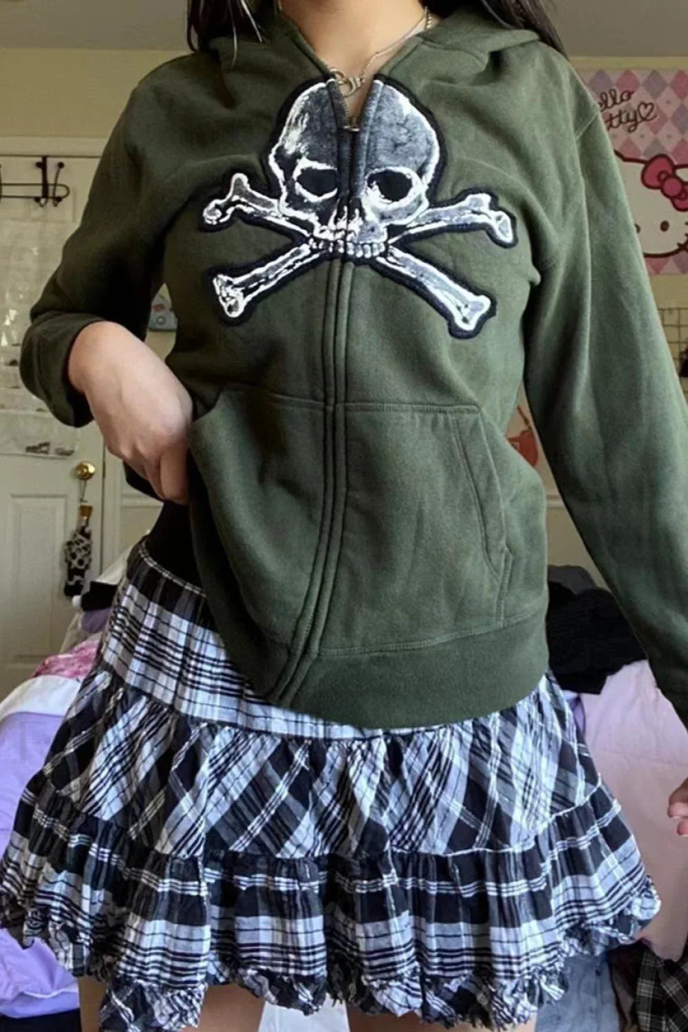 Skull Print Zip Up Hoodie