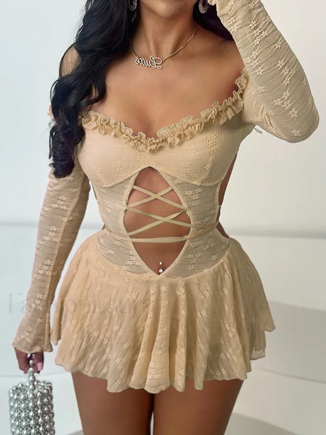 Slash Neck Bandage Mini Dress Khaki / S