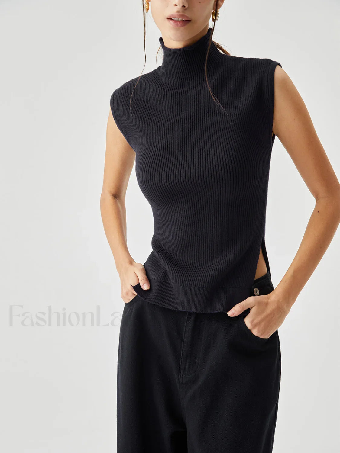 Sleeveless Mock Neck Trendy Slit Ribbed Knit Sweater Navy / S Sweaters L
