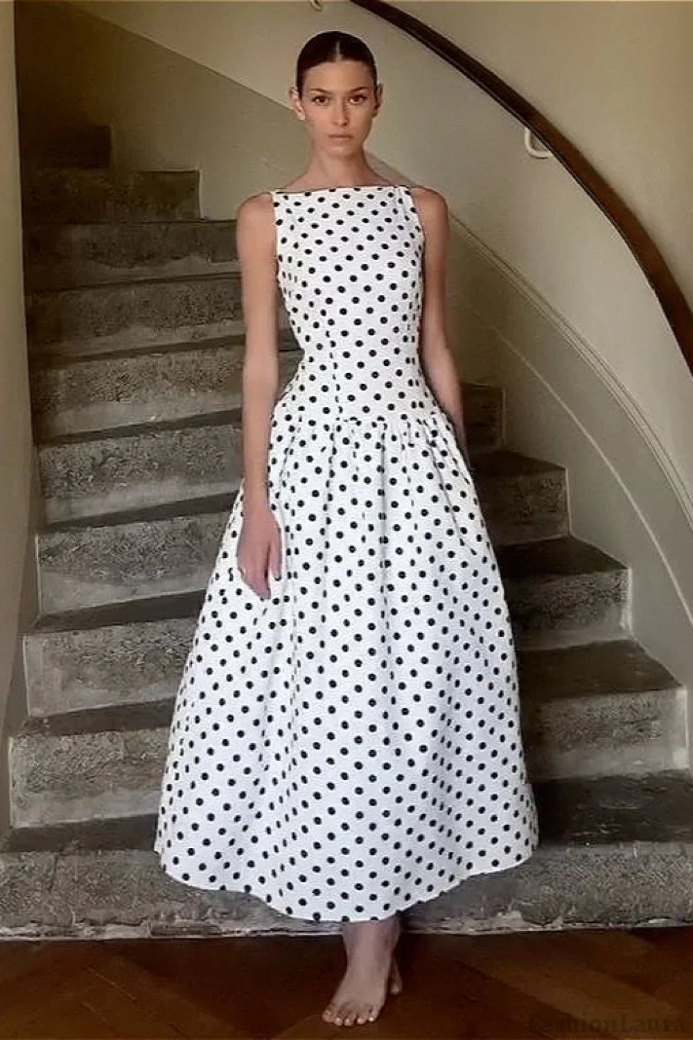 Sleeveless Polka Dot Casual Maxi Dress