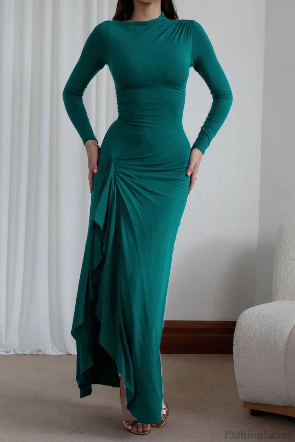 Slim Fit Pleated Long Sleeve Maxi Dress