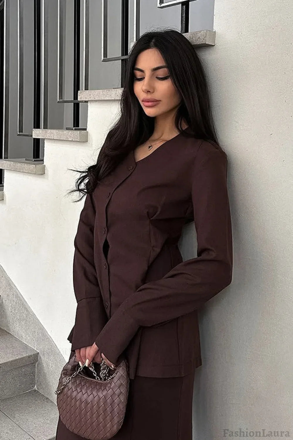 Slim Fit V Neck Blazer Two Piece Set