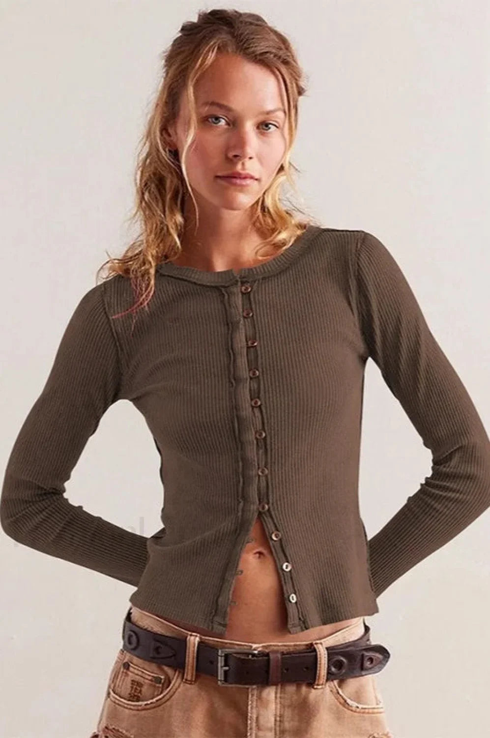 Slim Long Sleeve Ribbed Cardigan Coffee / S