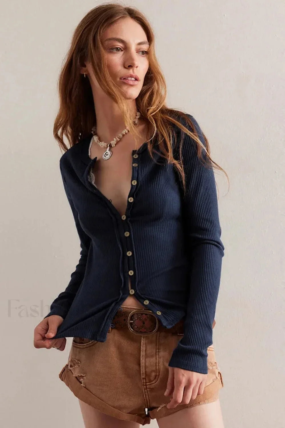 Slim Long Sleeve Ribbed Cardigan Navy Blue / S