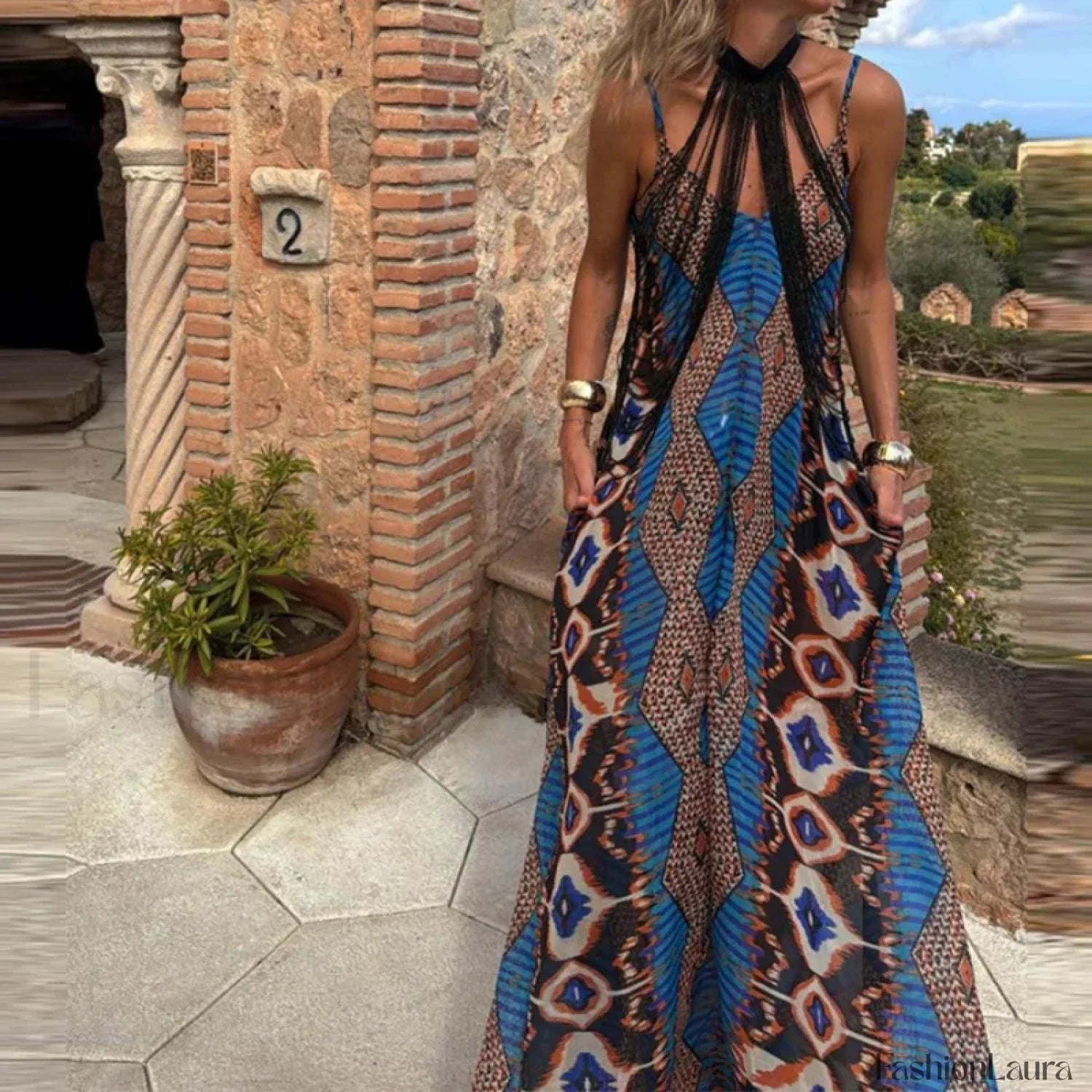 Slim Suspender Print Boho Dress