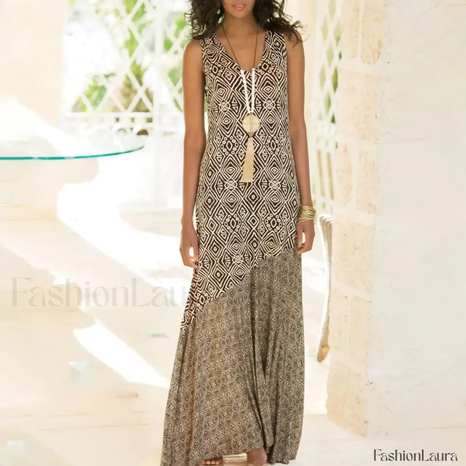 Sling V-Neck Geometric Boho Dress