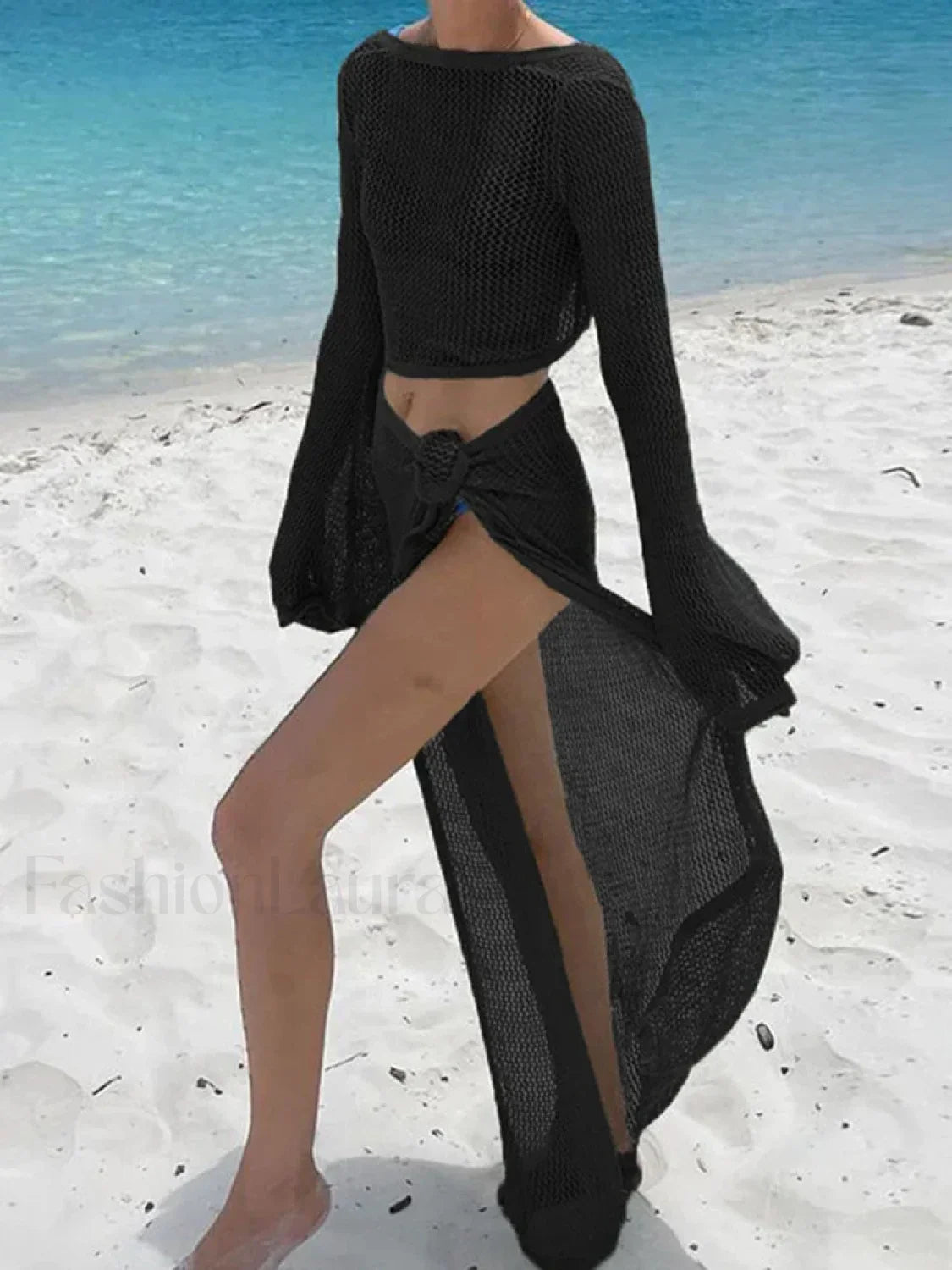 Slit Cut Sexy Long Sleeve Cover Up Black / S