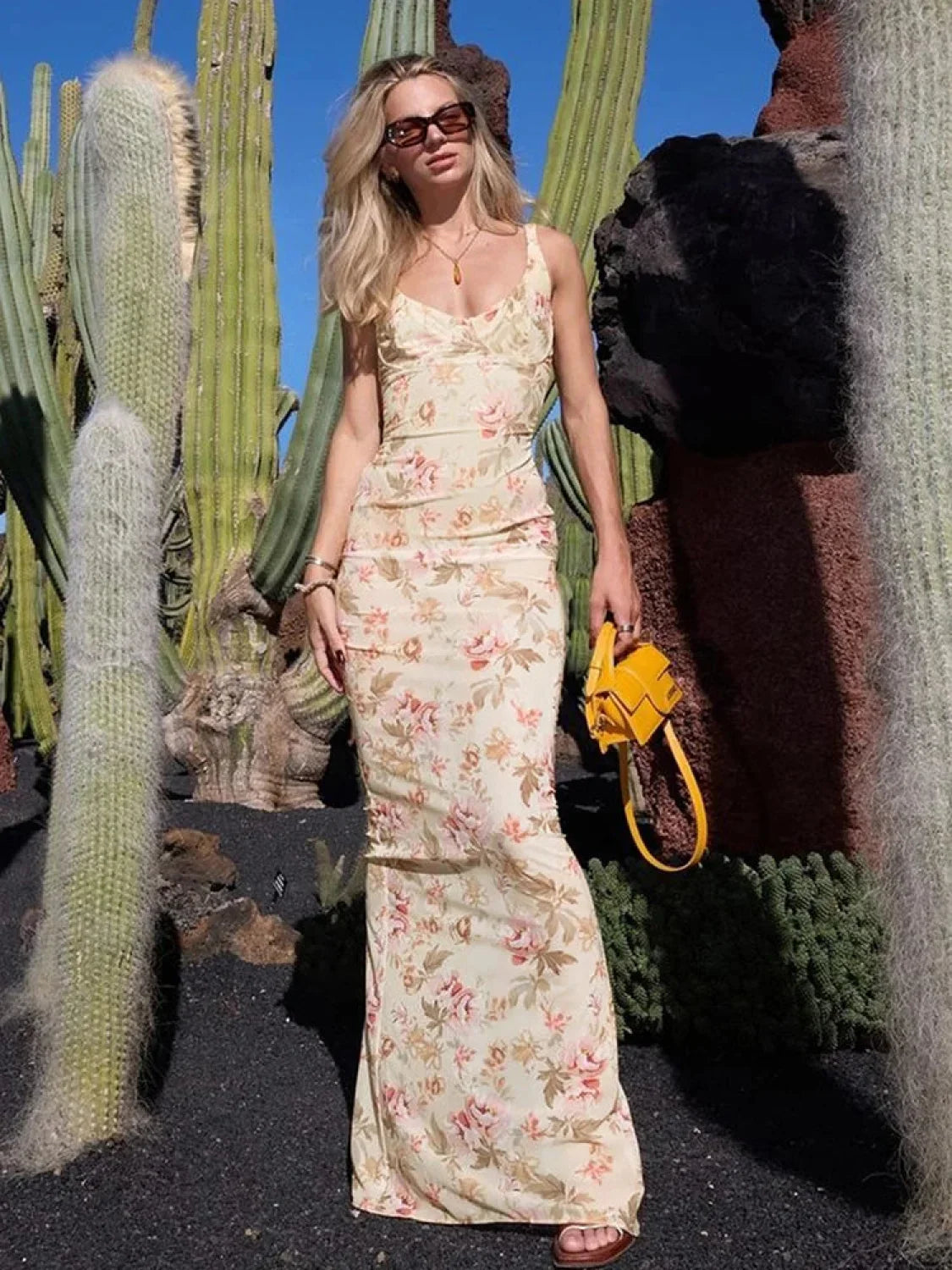 Slit Flower Suspender Maxi Dress