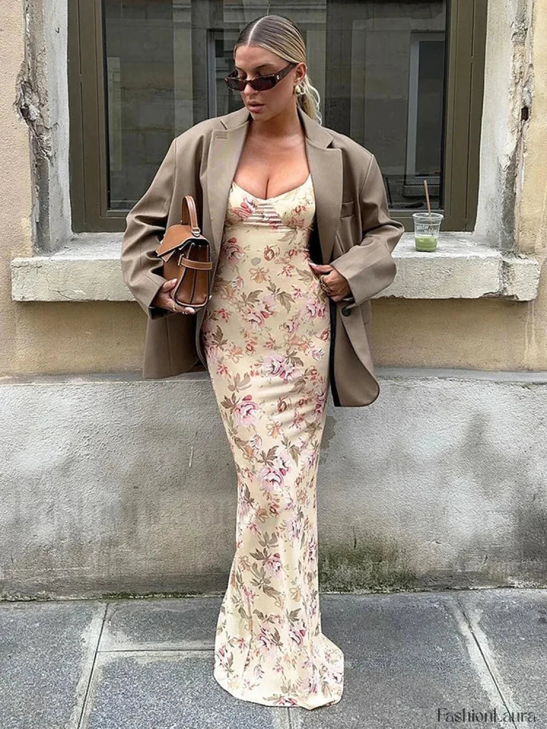 Slit Flower Suspender Maxi Dress