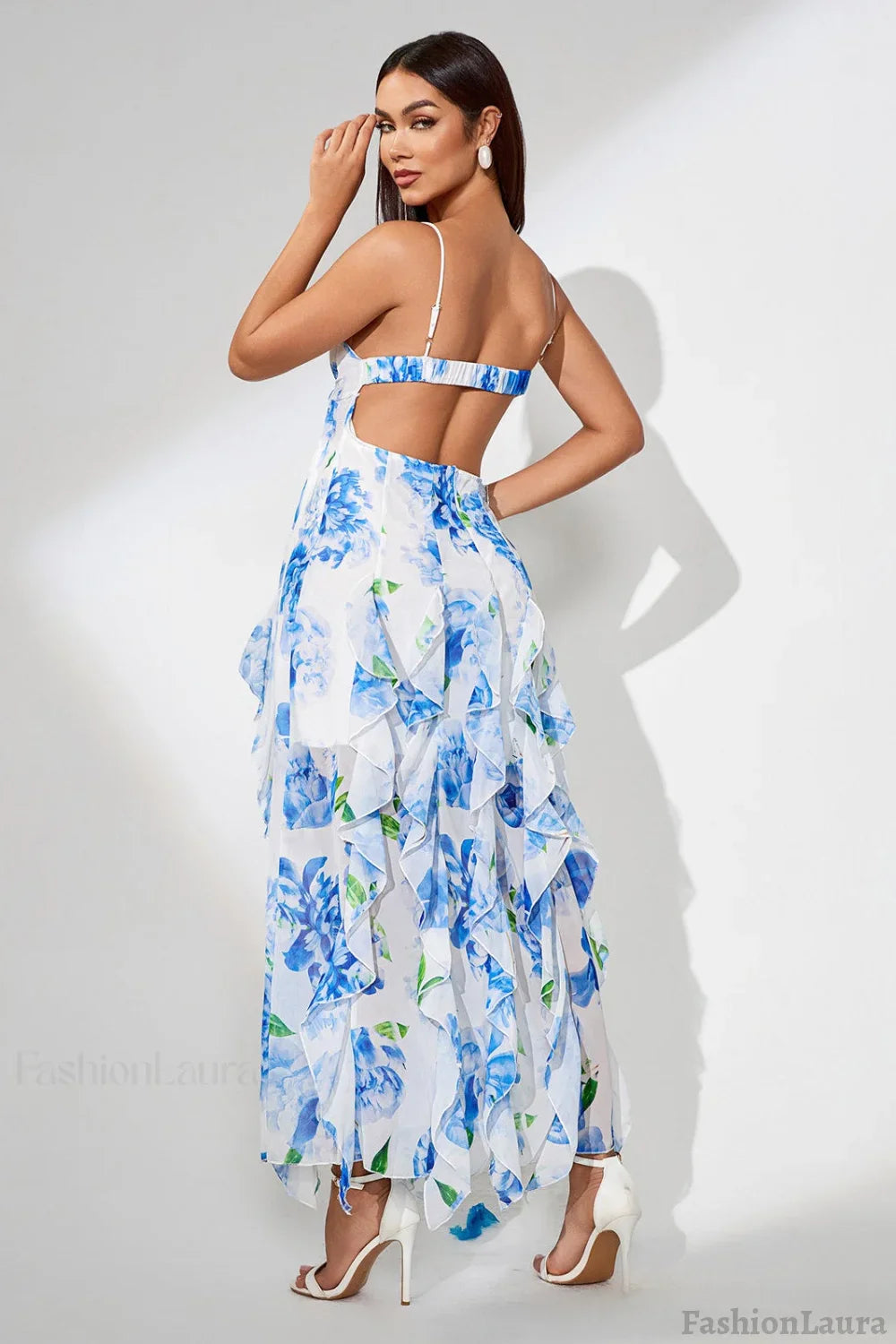 Slit Ruffled Floral Print Party Dress