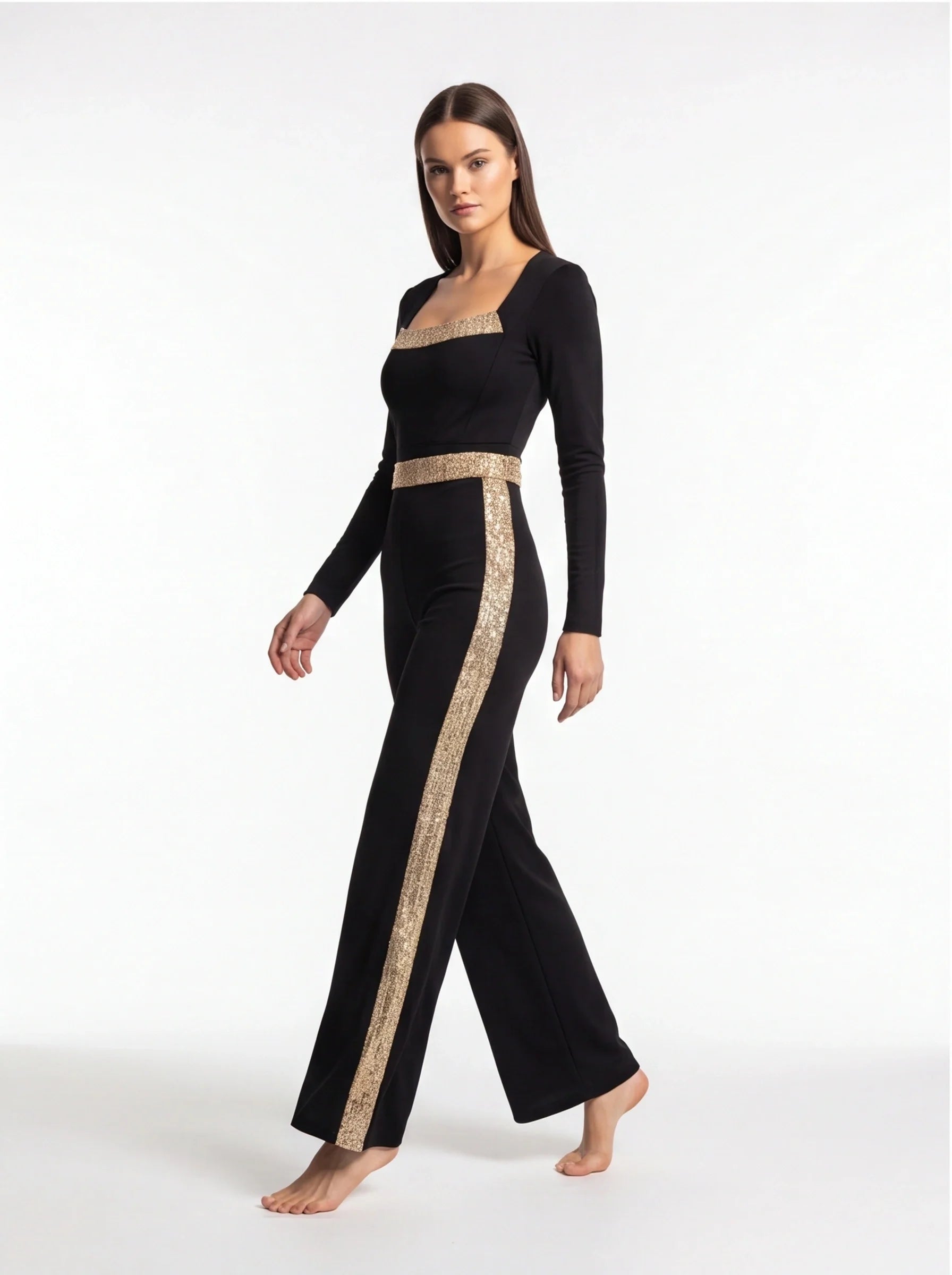 Elegant Gold Sequin Jumpsuit with Flattering Fit and Adjustable Straps - Jamota