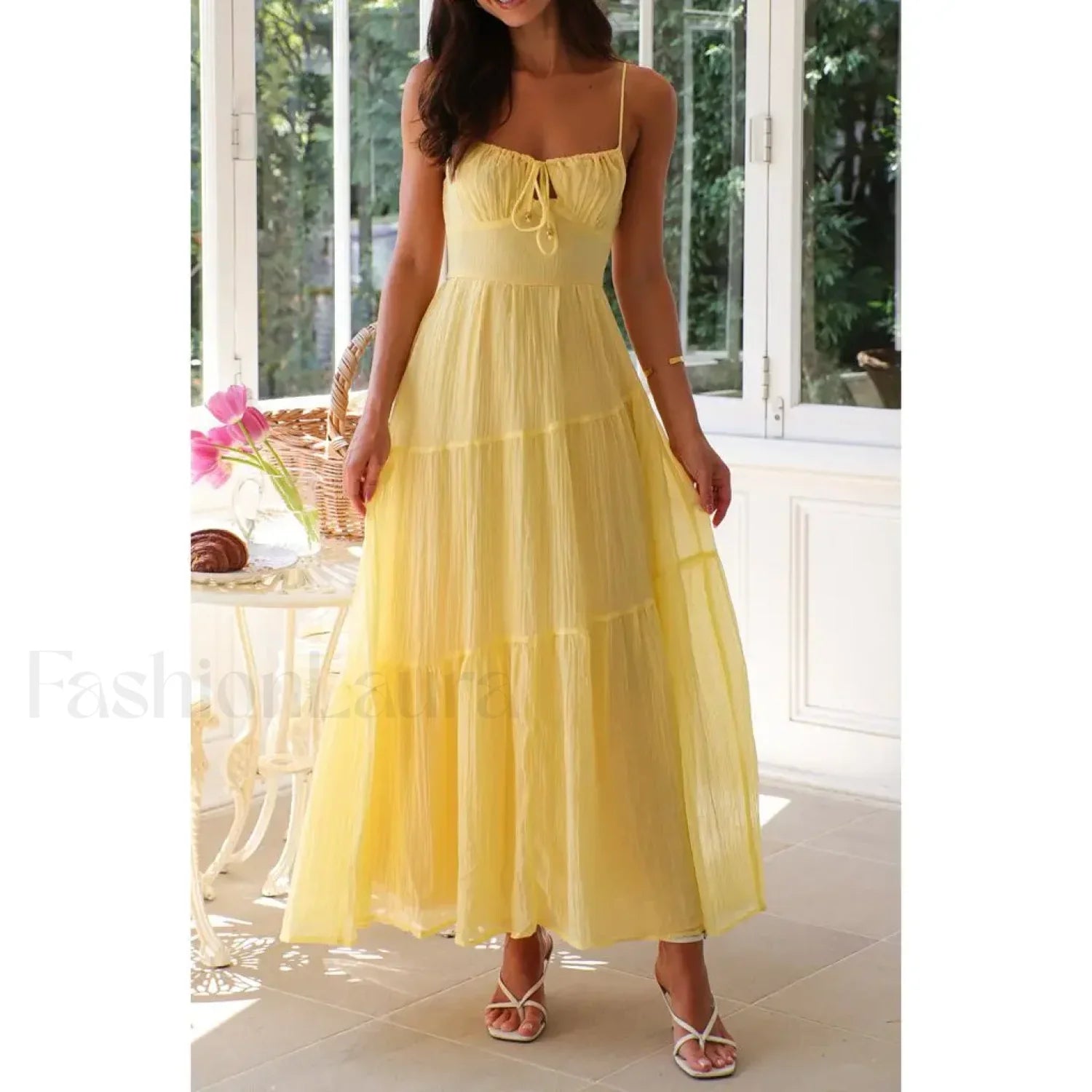 Smocked Bow Front Midi Dress Yellow / S