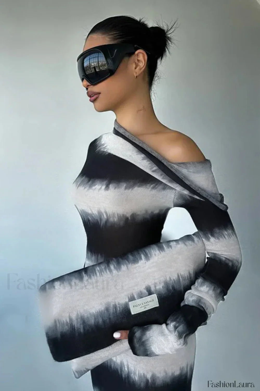 Smudged Black and White Stripes Asymmetrical Slanted Shoulder Maxi Dress