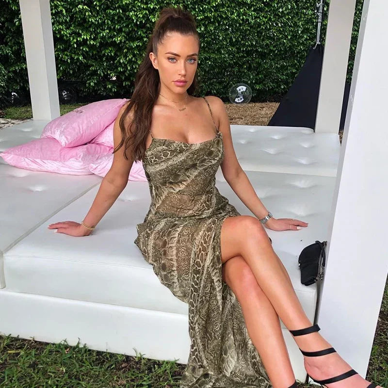 Snake Print Chiffon Cowl Neck Spaghetti Strap High Split Maxi Dress