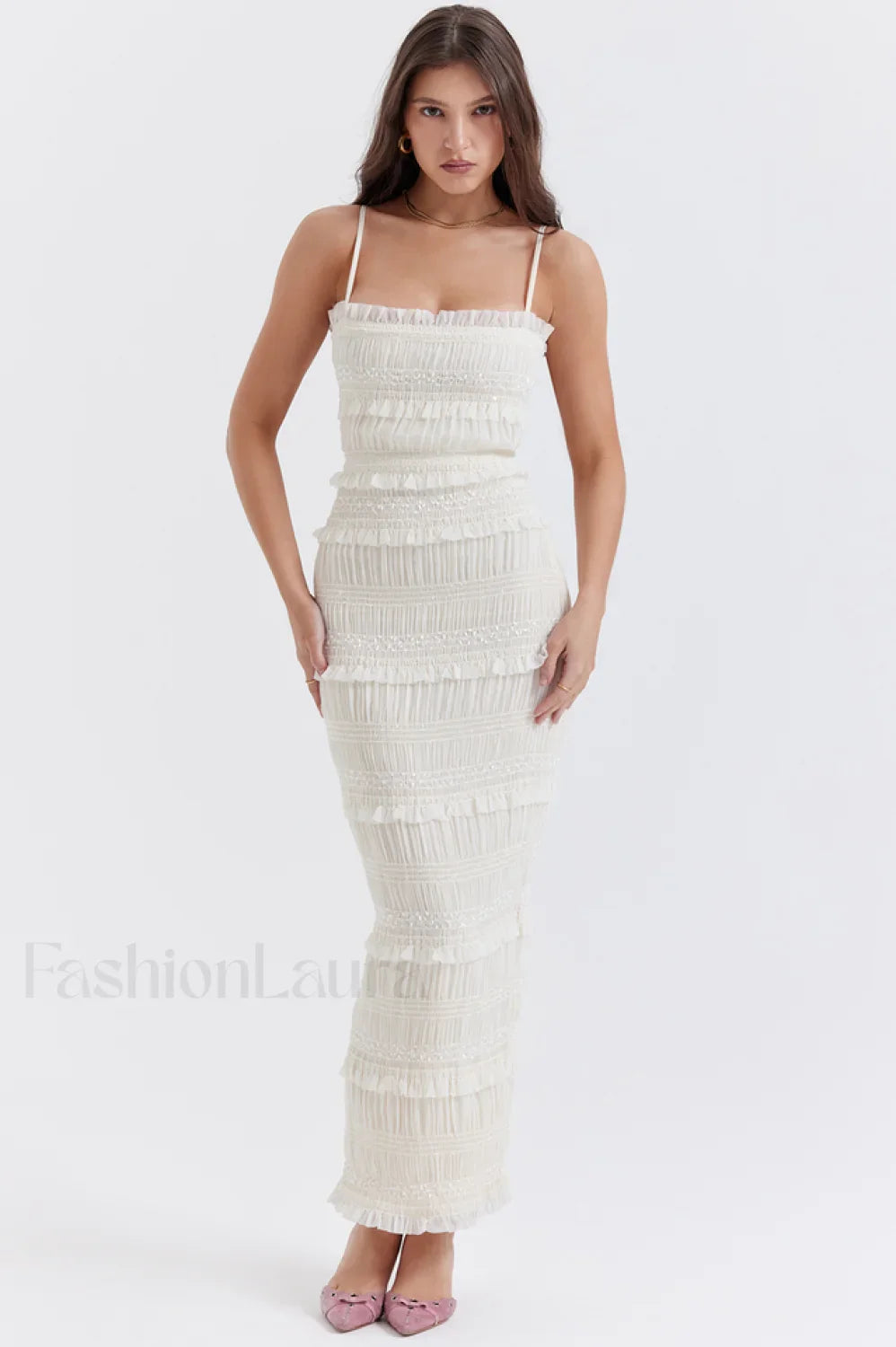 Solana Ivory Sequin Charming Pleat Maxi Dress