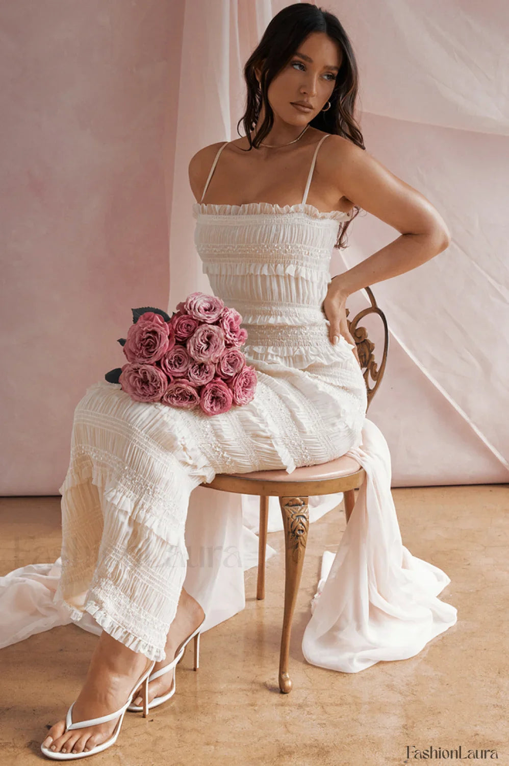 Solana Ivory Sequin Charming Pleat Maxi Dress