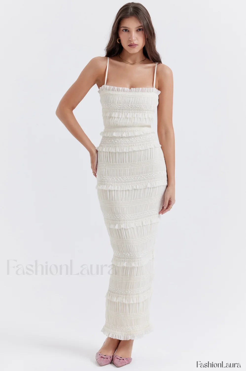Solana Ivory Sequin Charming Pleat Maxi Dress