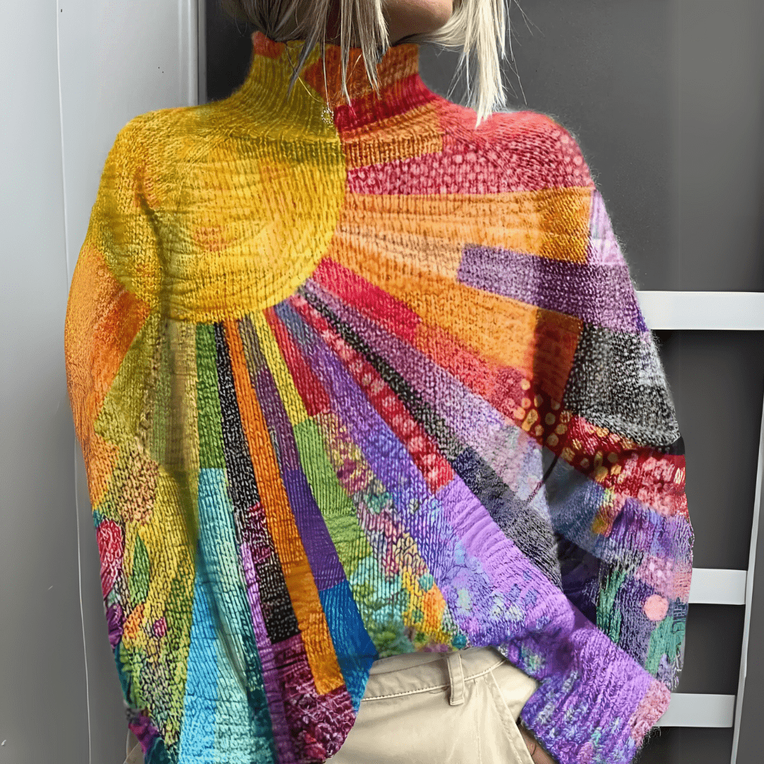 Turtleneck Long Sleeve Patchwork Print Knit Sweater