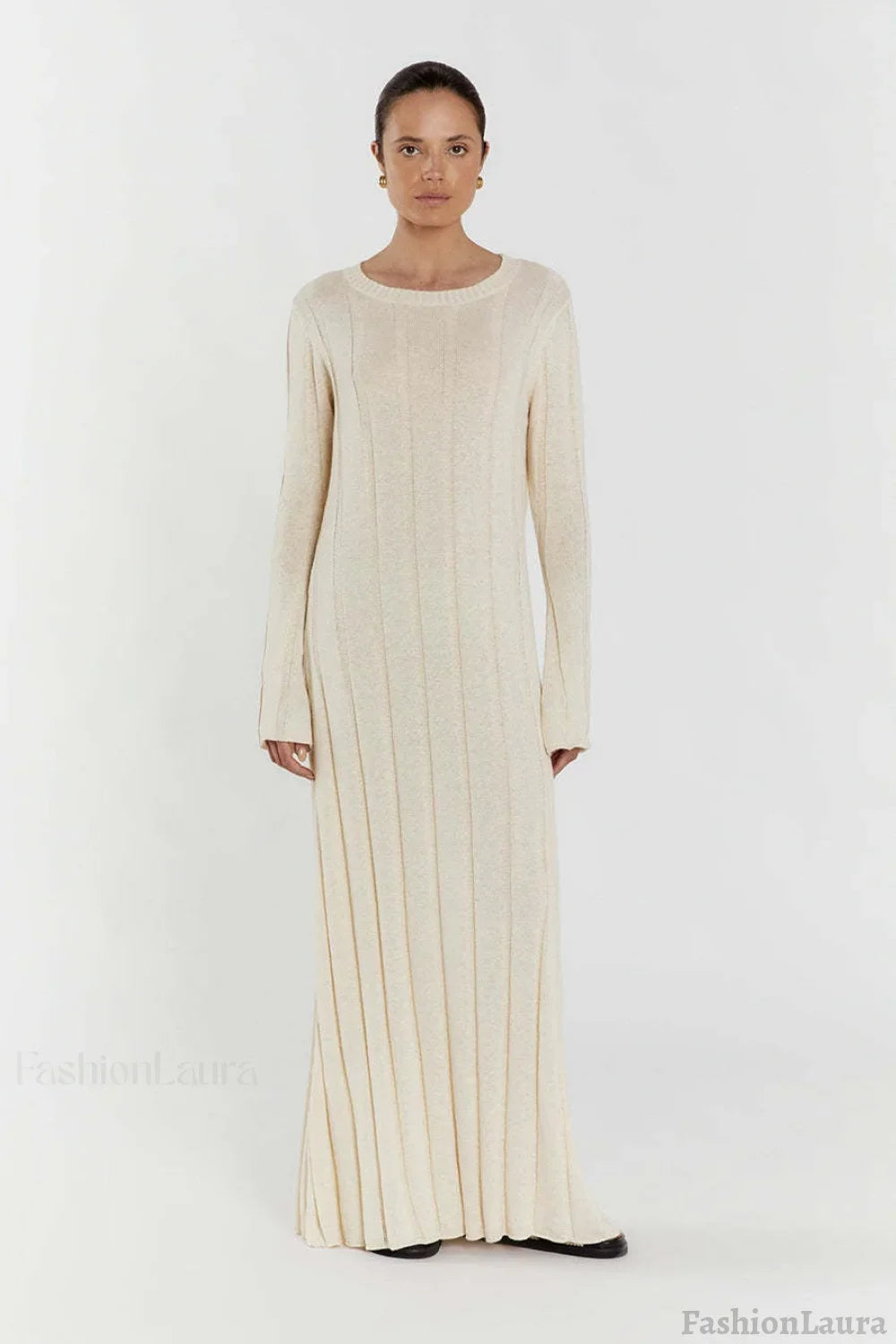 Solid A Line Maxi Sweater Dress S / Beige