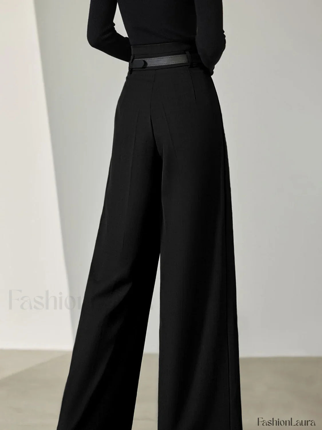 Solid Belted Pleated Trendy Wide Leg Pants