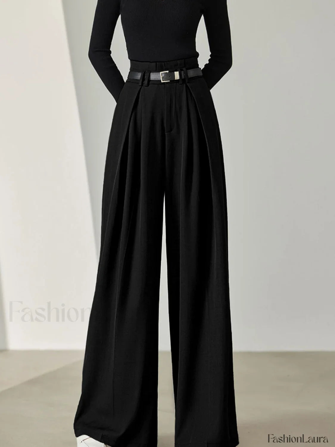 Solid Belted Pleated Trendy Wide Leg Pants