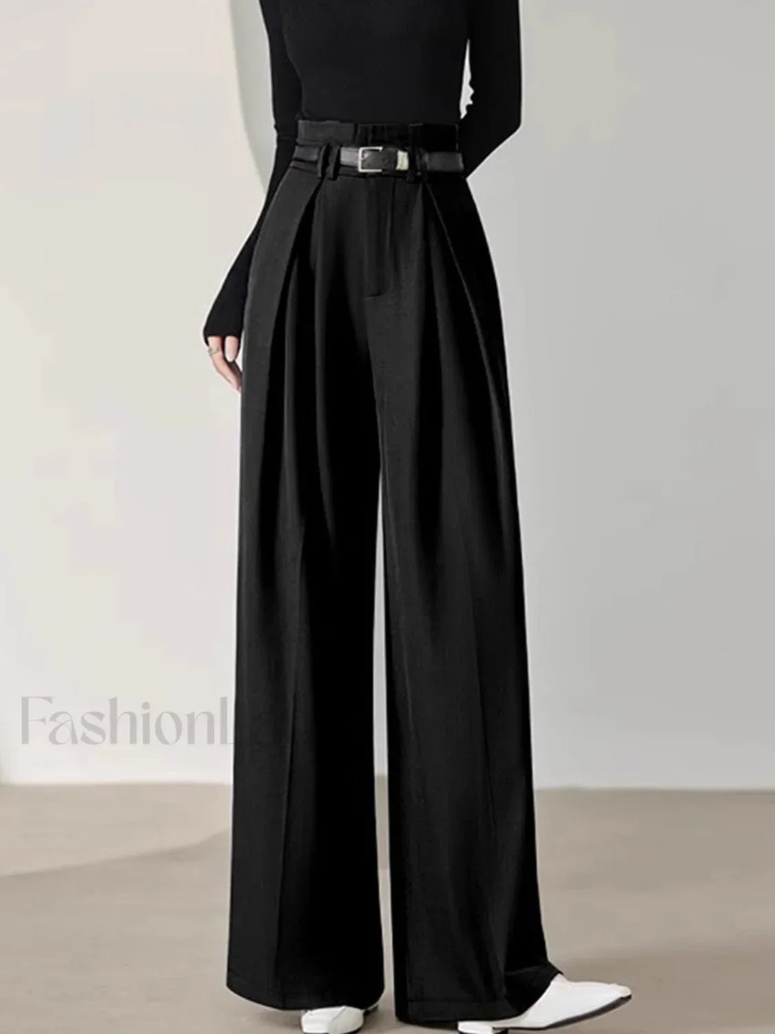 Solid Belted Pleated Trendy Wide Leg Pants Black / XS Pants