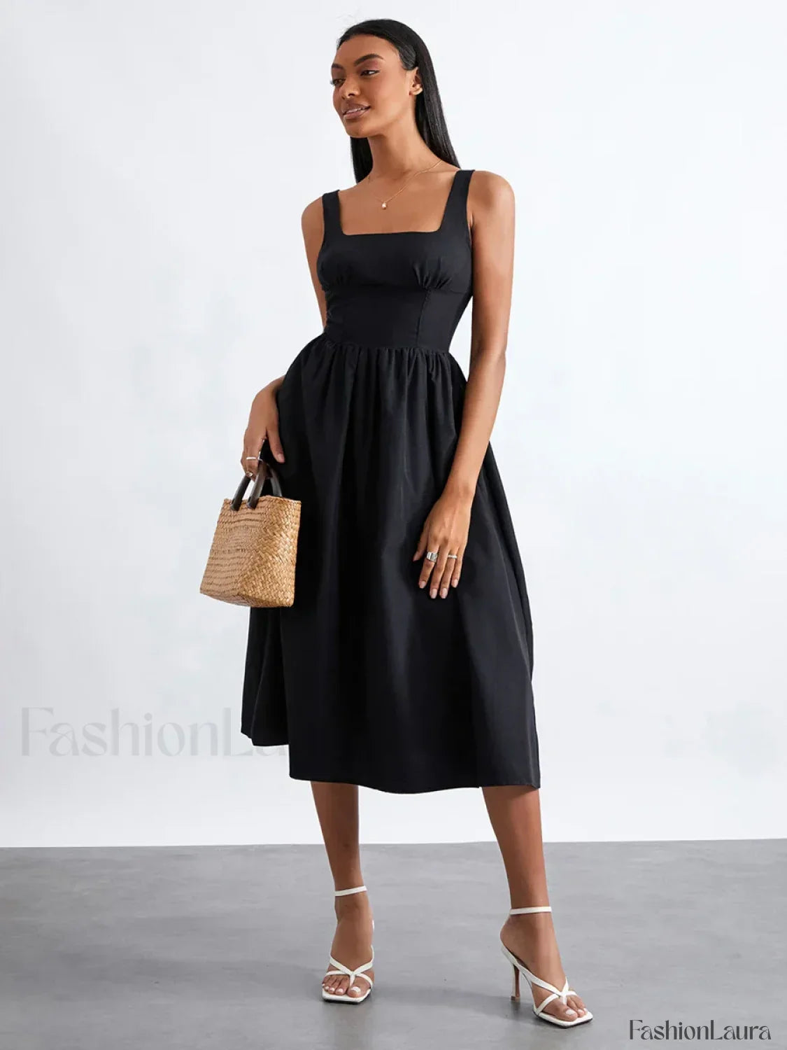 Solid Cami High-Waist Midi Dress