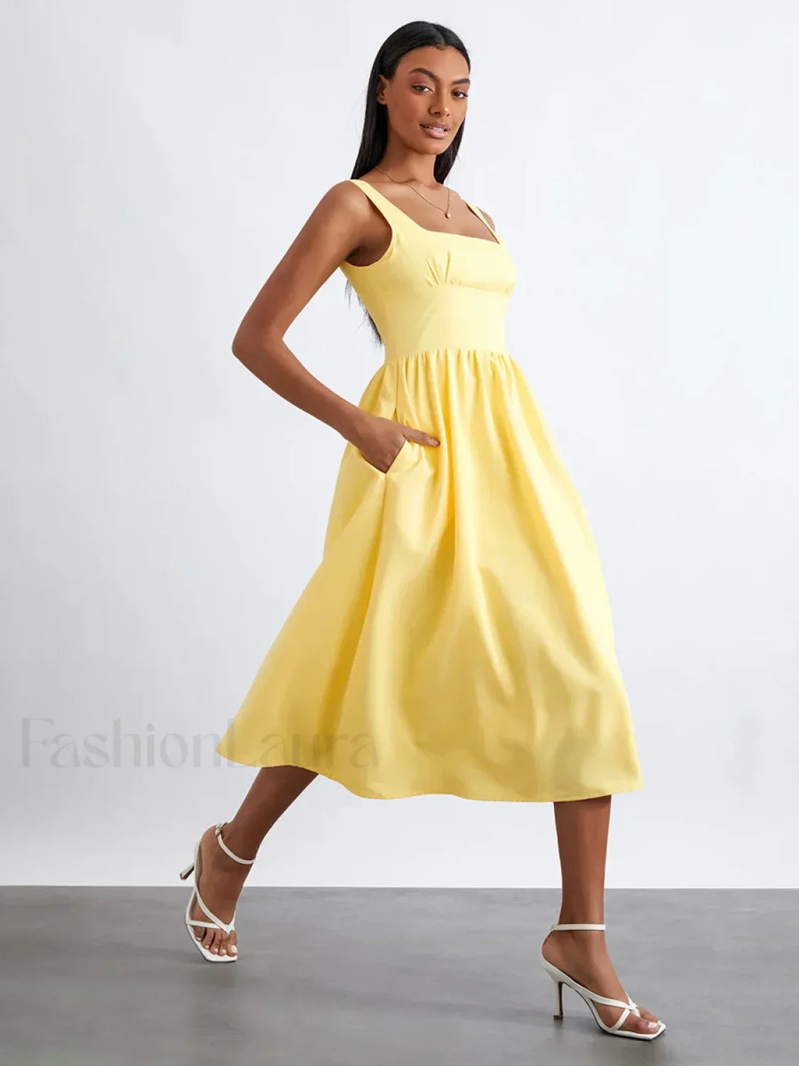 Solid Cami High-Waist Midi Dress