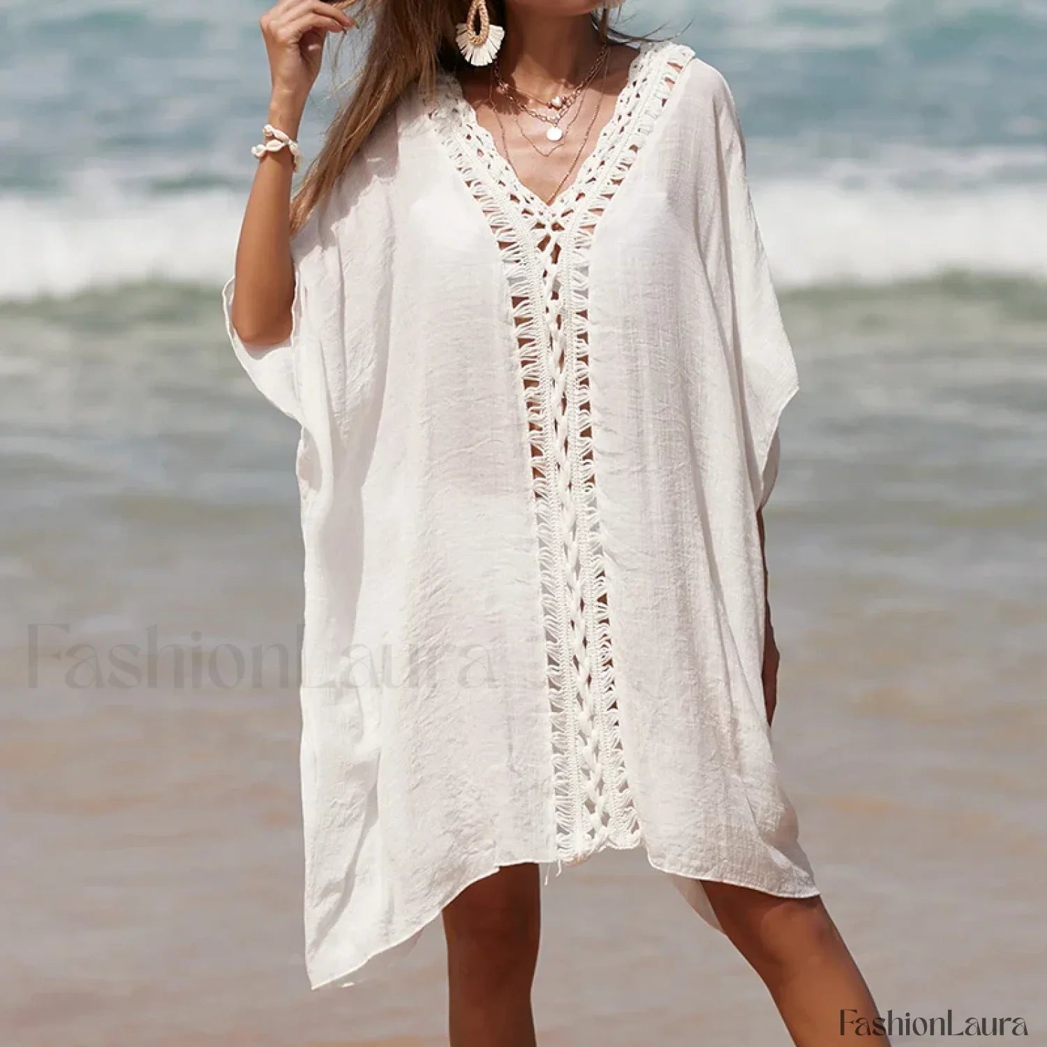 Solid Color Crochet Cutout Loose Cover Up