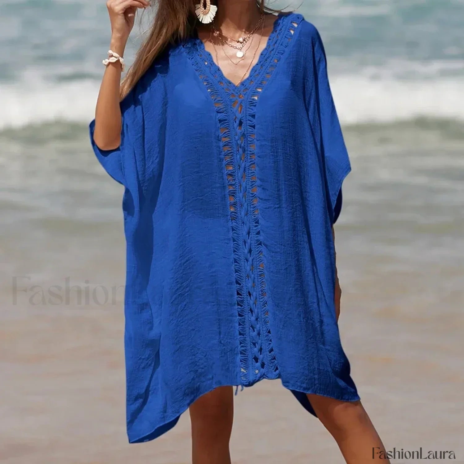 Solid Color Crochet Cutout Loose Cover Up