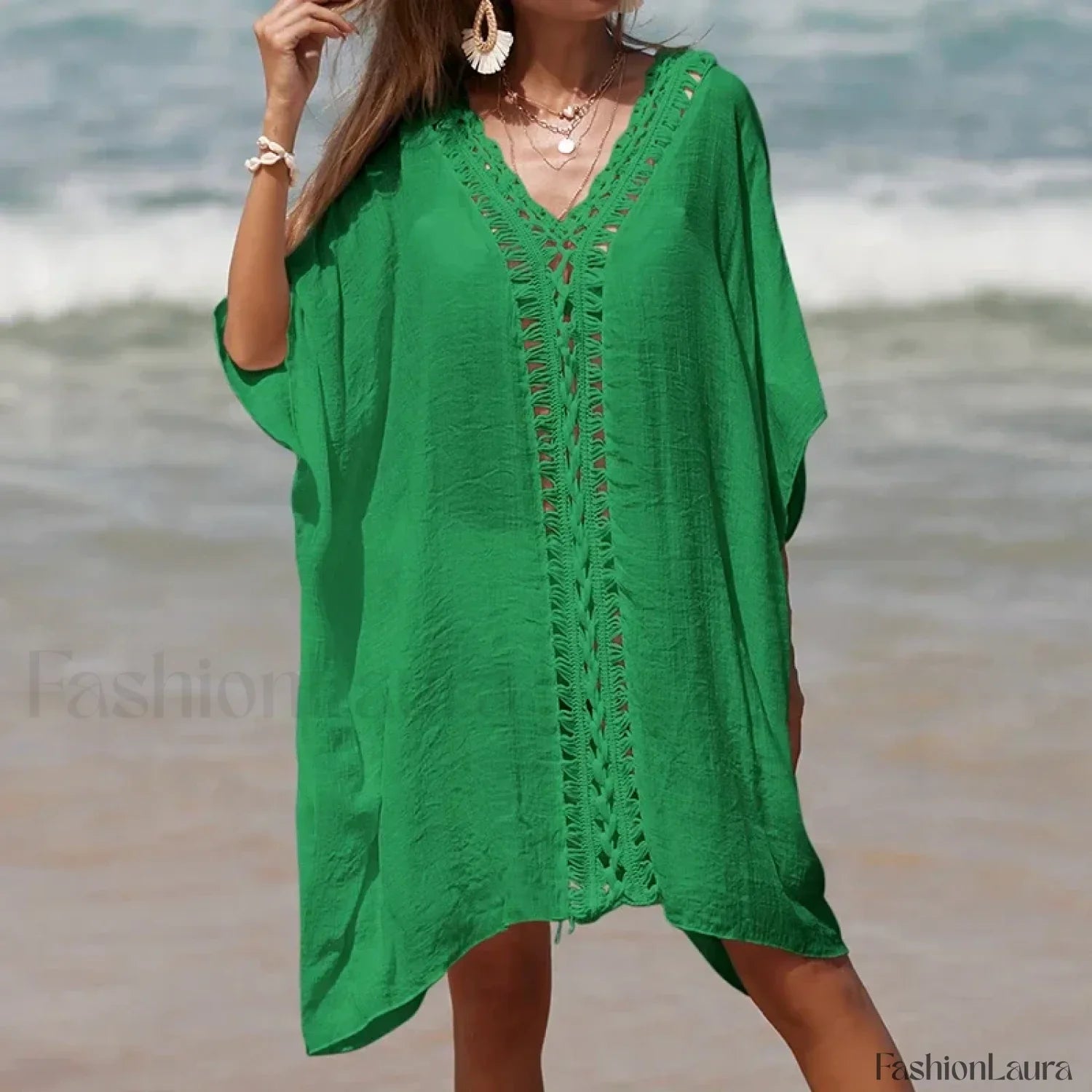 Solid Color Crochet Cutout Loose Cover Up