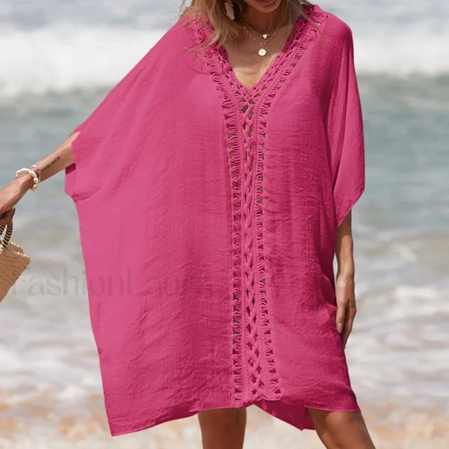 Solid Color Crochet Cutout Loose Cover Up