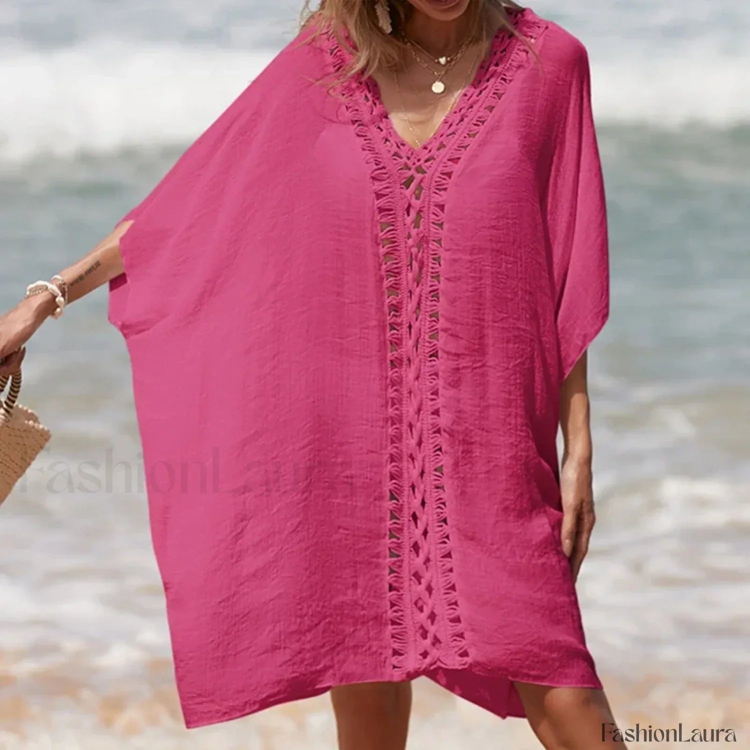Solid Color Crochet Cutout Loose Cover Up