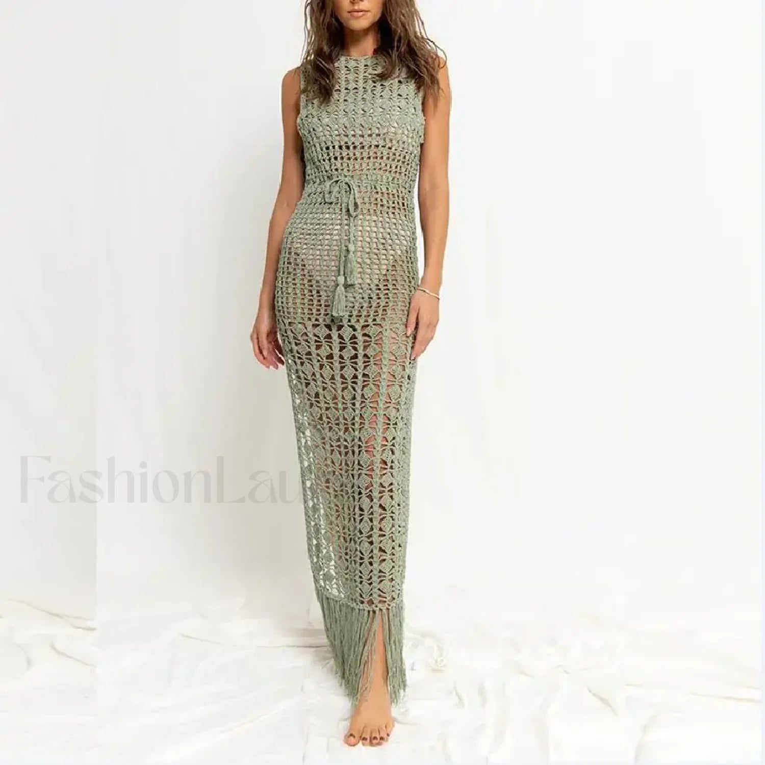 Solid Color Crocheted Hollow Out Sleeveless Cover Up GREEN / S